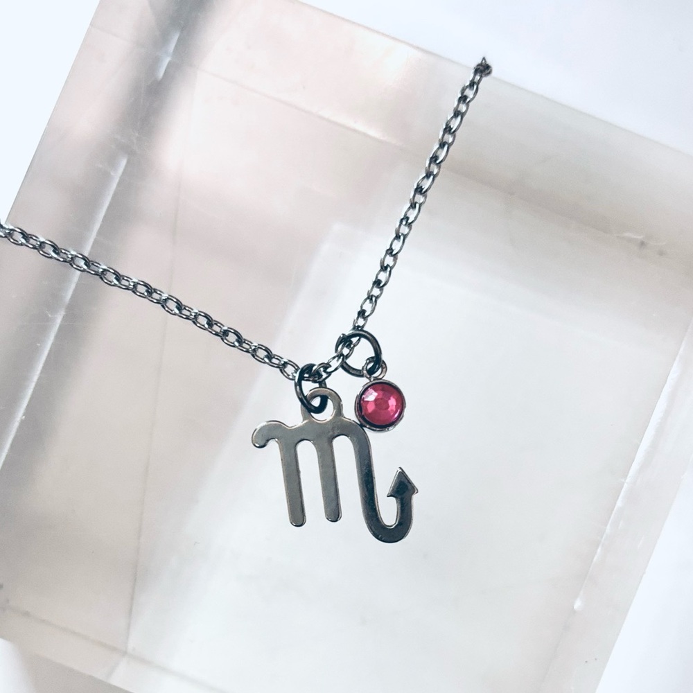 NEW - Scorpio “The Scorpion” Zodiac Pendant Silver Necklace w Pink Topaz Charm